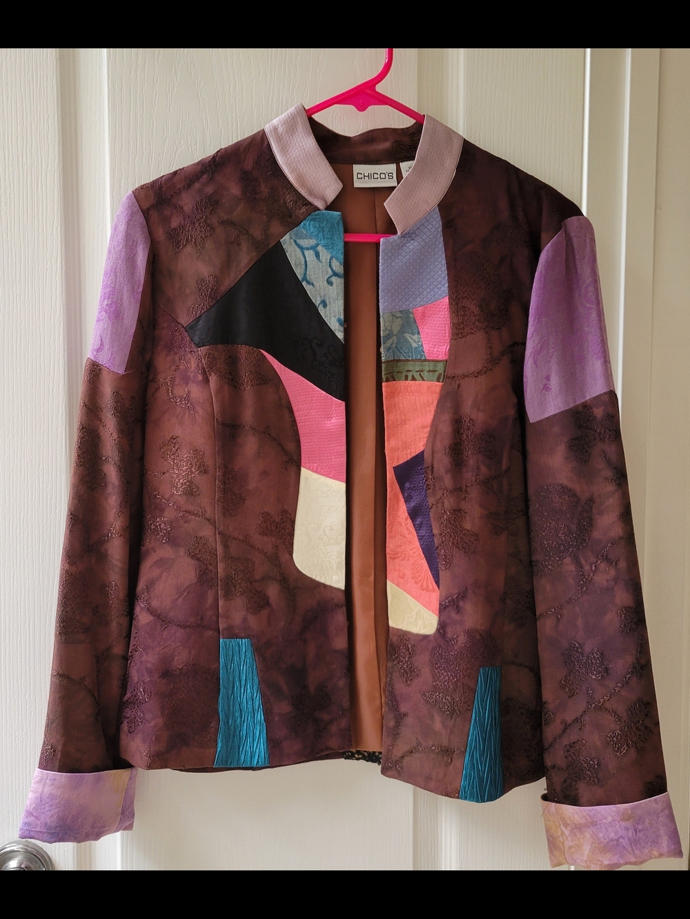 Chico's Brown Patchwork Jacket with Purple & Teal Accents Size 0/S